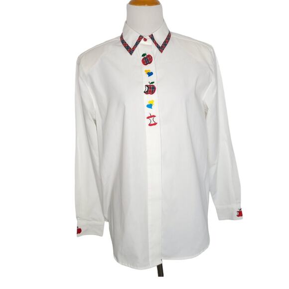 Karen Scott Teacher Button Front Shirt Apple Embroidery Plaid Trim Women Small - Picture 1 of 13